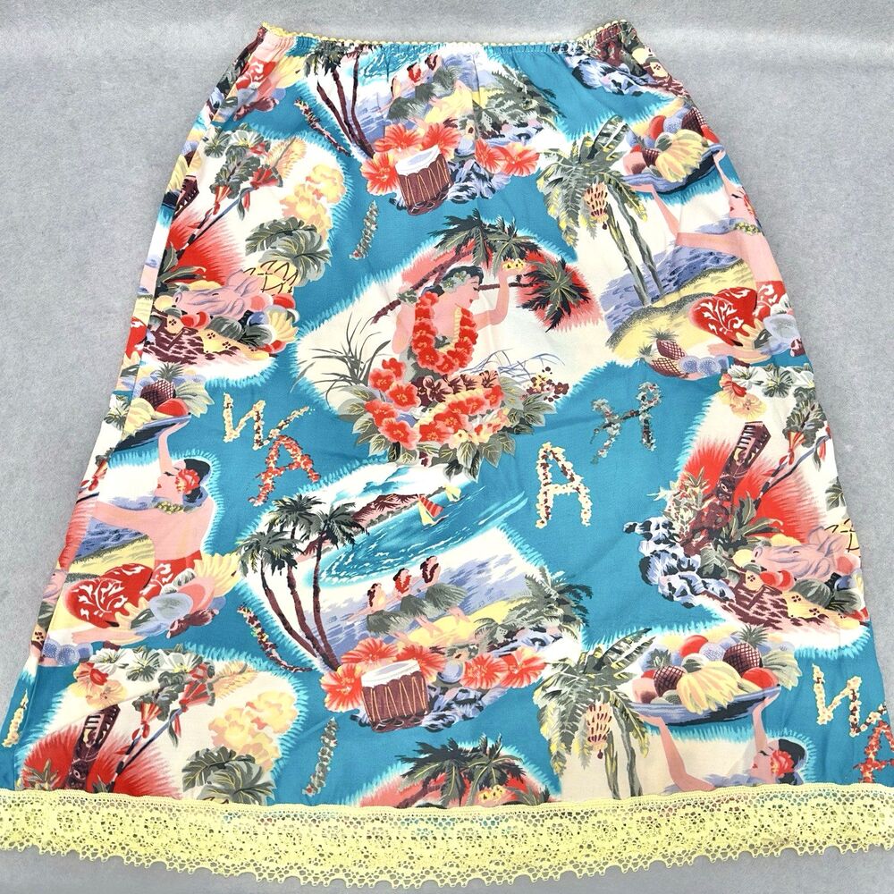 Beebop & Wally Skirt Small A-Line Blue Hawaiian Hula Girl Elastic Waist Rayon